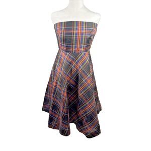 J. CREW Women Sz 6 100% Silk Tartan‎ Plaid Strapless Fit n Flare Dress $250 MSRP